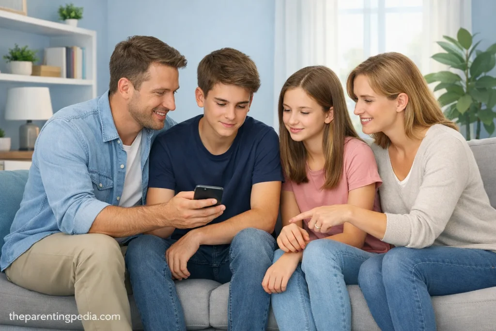 Parents guiding teenagers about safe WhatsApp use on a smartphone