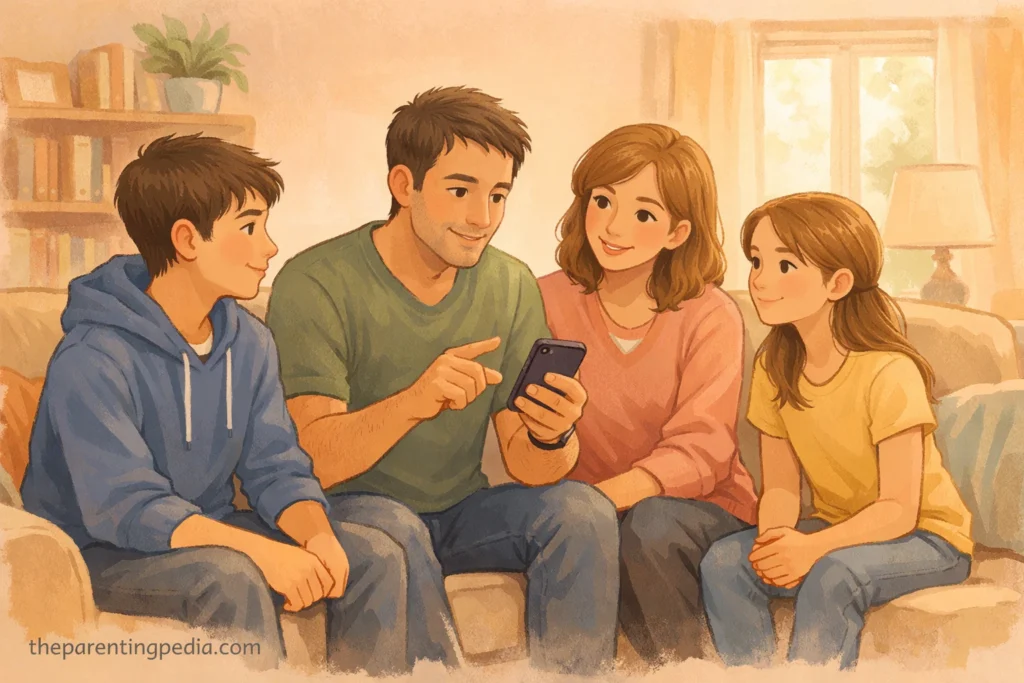 Parents explaining safe WhatsApp use to their children at home