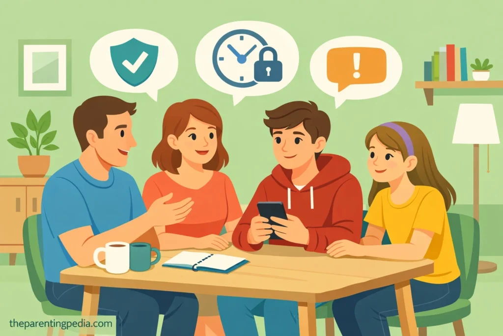 Parents talking with their teenage son about using WhatsApp safely at home