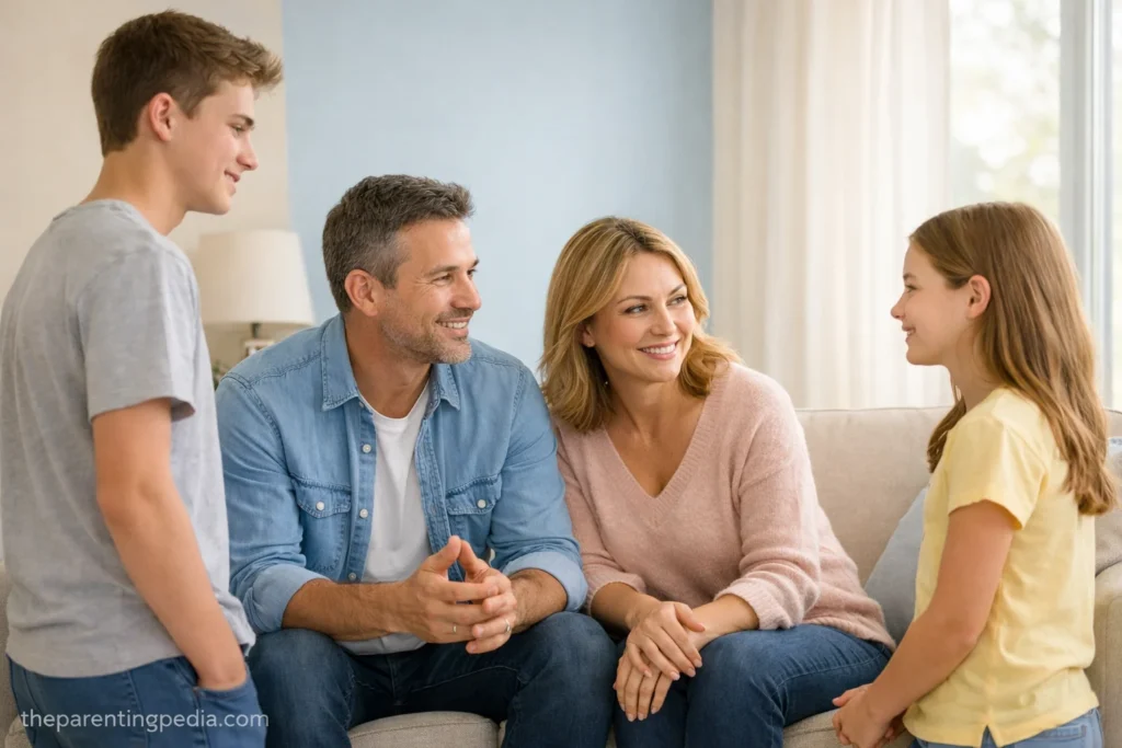 Parents talking calmly with teenage son and young daughter at home about communication
