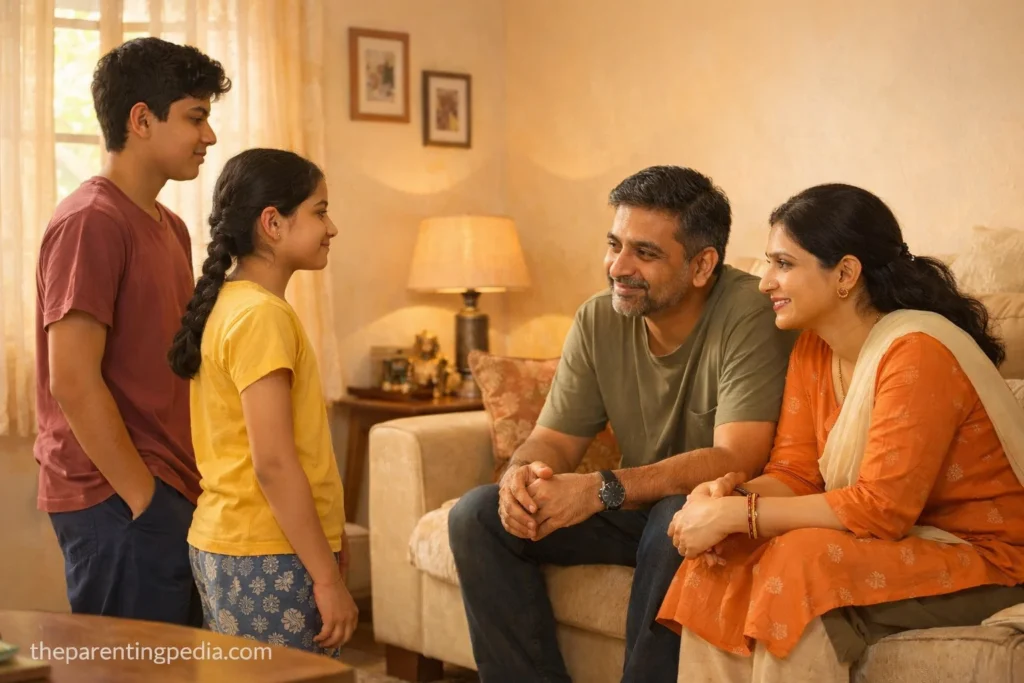 Indian parents talking with teenage son and daughter about communication at home