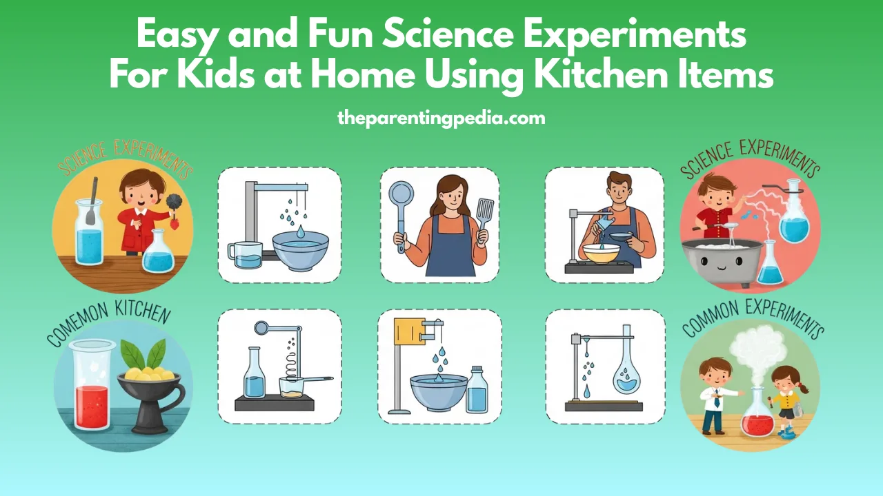 Featured graphic for TPP article showing diverse children and adults doing easy kitchen-based science experiments.