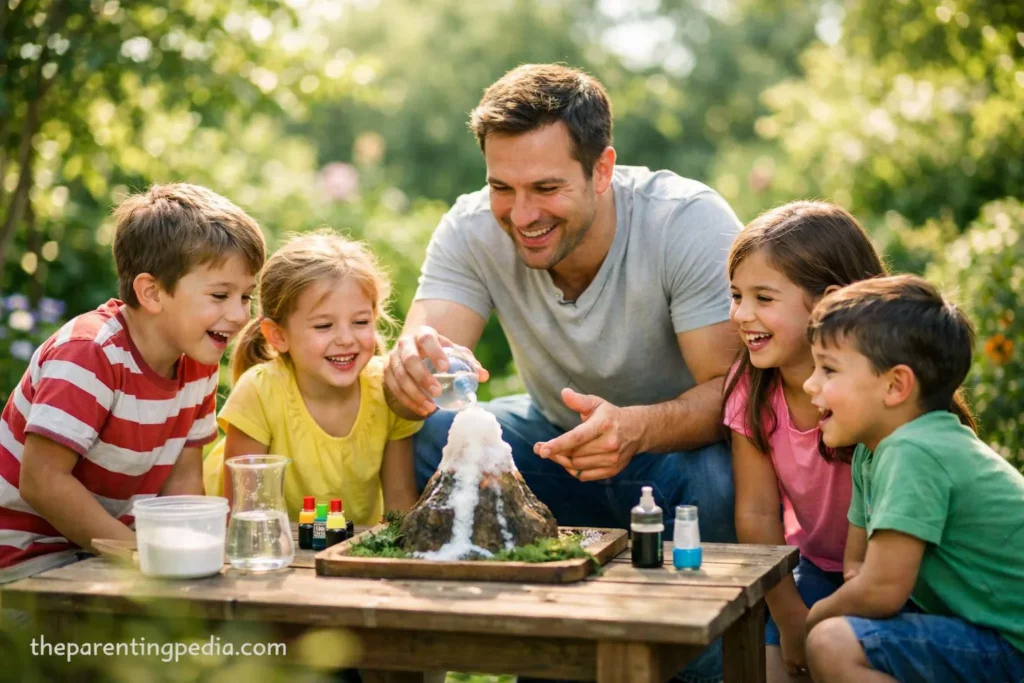 Kids doing easy science experiments at home garden using kitchen items with father
