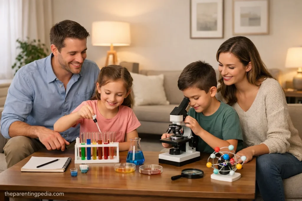kids doing easy science experiments at home with simple kitchen items with parents