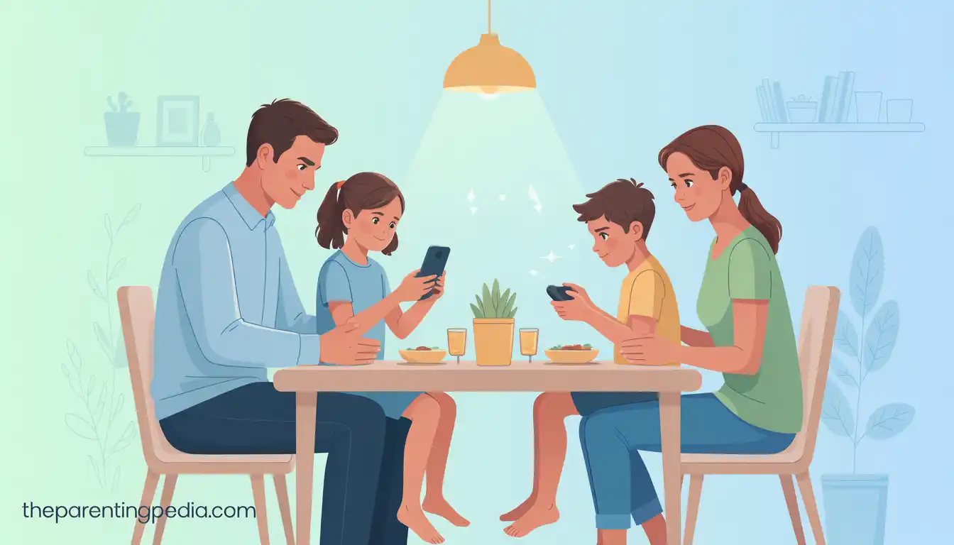 Family using mobile phones at dinner showing early signs of gaming addiction in children