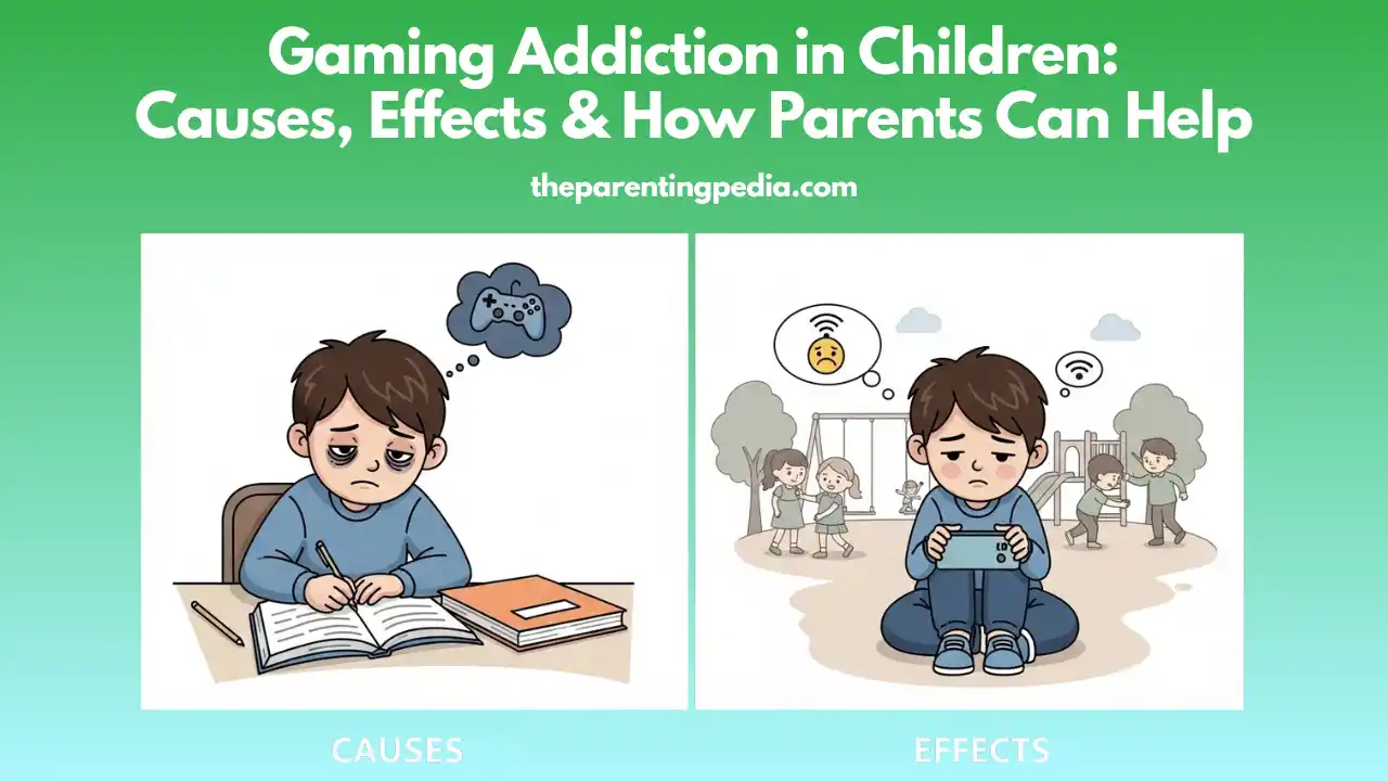 Child showing signs of gaming addiction, feeling tired while studying and isolated from others due to excessive screen time