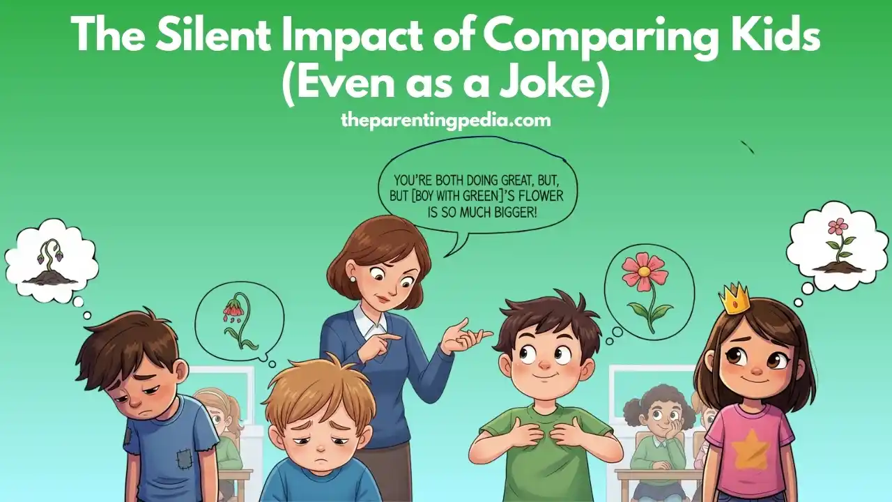 Parent comparing children, one child happy and others feeling sad and insecure