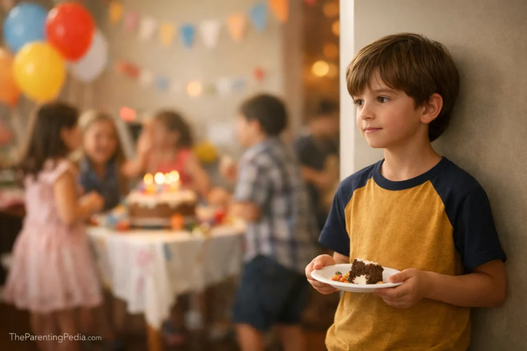 Child standing alone at a birthday party holding a plate while others interact in the background