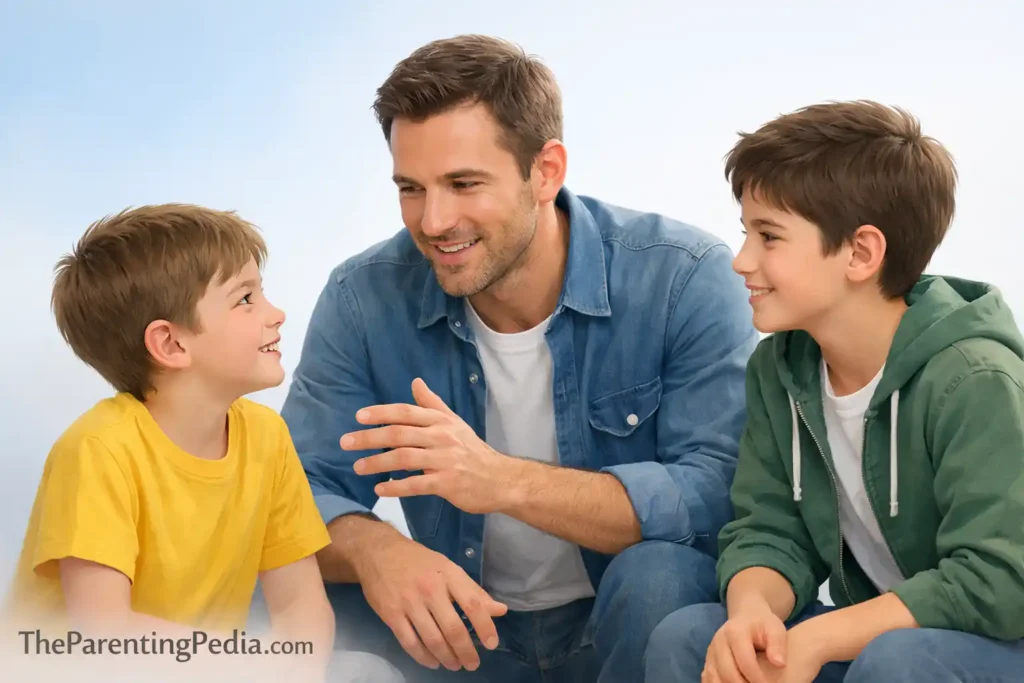 Father talking and guiding two boys to build awareness and understanding