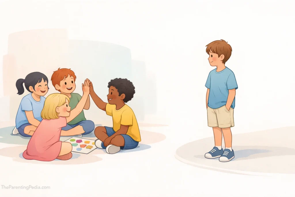 Illustration of a child standing alone while other children play together in a group