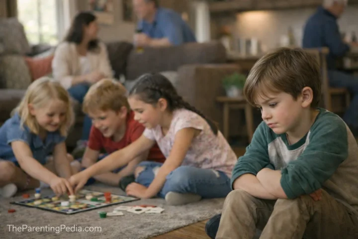 Child Feeling Left Out During Group Play at Home Child sitting aside while other kids play a board game together in a social setting