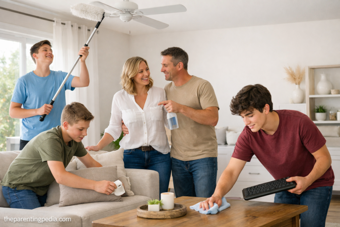 Family Doing Household Chores Together family cleaning living room together children doing chores with parents