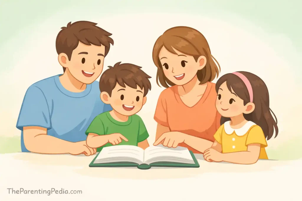Parents and children reading together to build awareness and learning