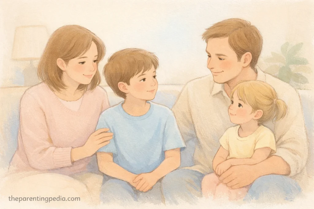parents gently talking to children about death or loss in a calm way