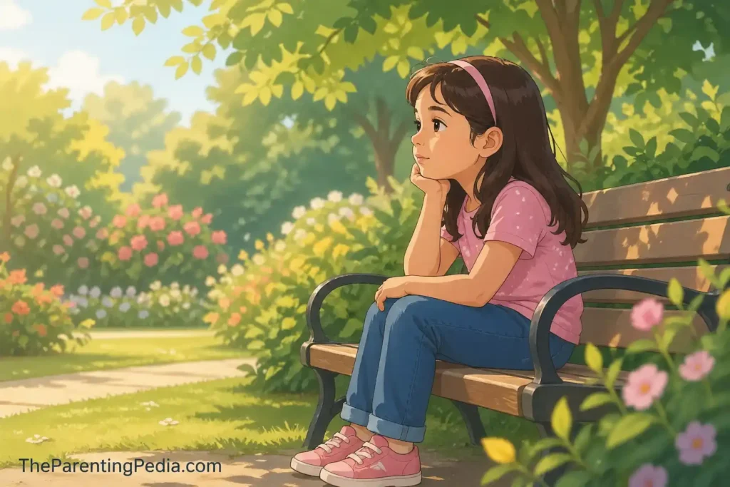 young girl sitting alone on garden bench thinking calmly