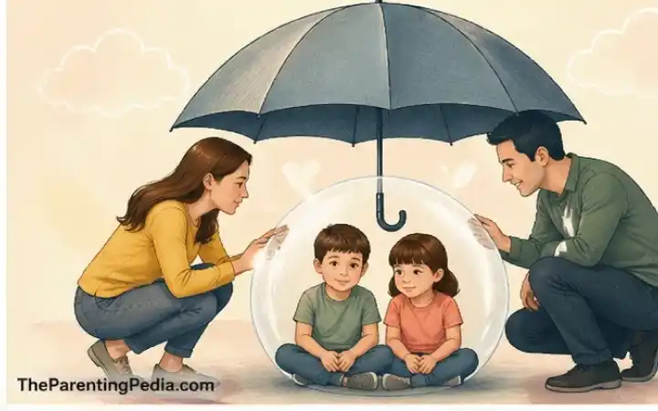 Parents protecting children inside a bubble and umbrella showing overprotective parenting