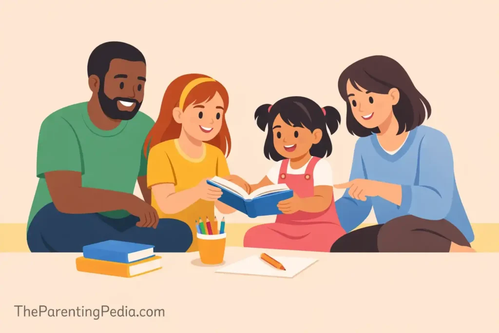 Parents guiding two girls in learning and awareness activities