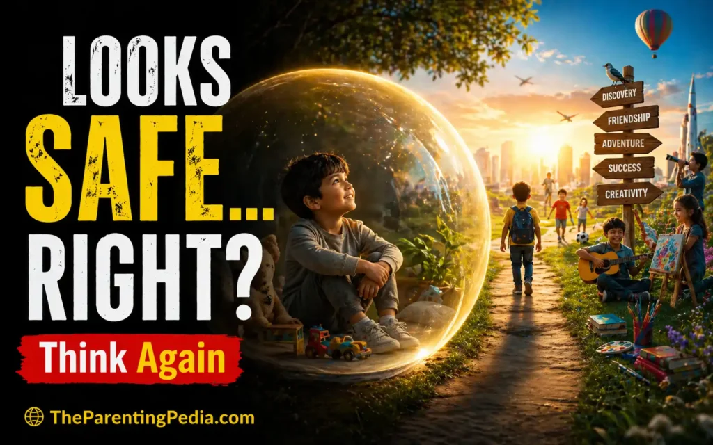 Child sitting inside protective bubble while world outside is full of opportunities