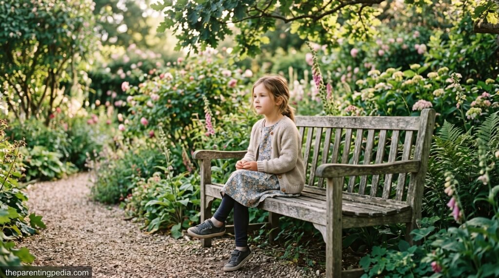 Young girl sitting alone on a garden bench surrounded by flowers