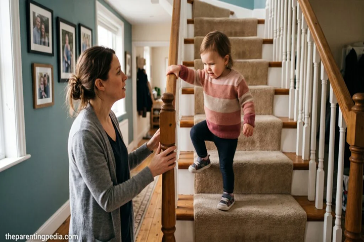 Mother helping toddler safely climb stairs at home.