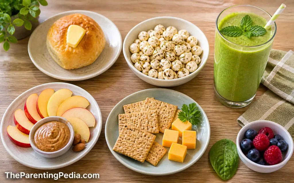 Healthy snack recipes for kids including fruits, makhana, crackers and smoothie.