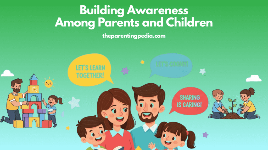 Cartoon family with children learning and sharing together