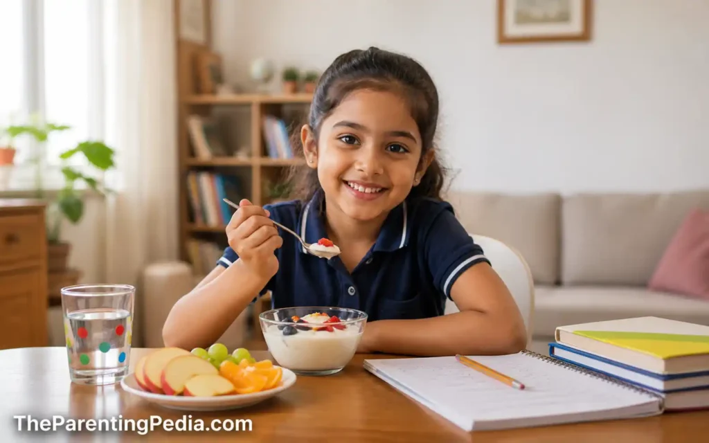 Child eating yogurt with fruit while doing homework at home