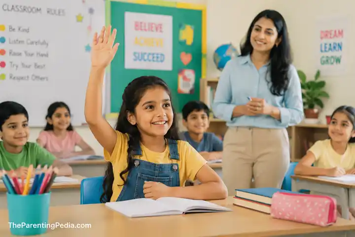 Confident school girl raising hand in classroom