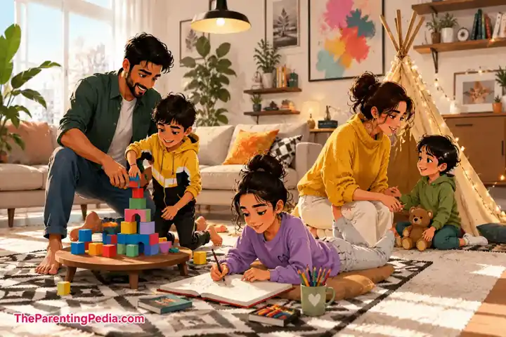 Parents enjoying calm family bonding activities at home with child who doesn't listen