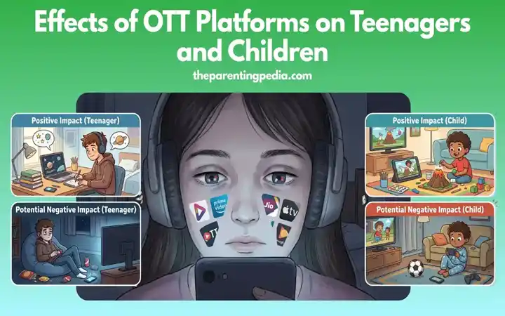 Child and teenager using OTT streaming platforms showing both positive and negative effects of screen time on children’s mental health and lifestyle.