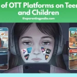Illustration showing the effects of OTT platforms on teenagers and children, including positive educational benefits and negative impacts like screen addiction and isolation.
