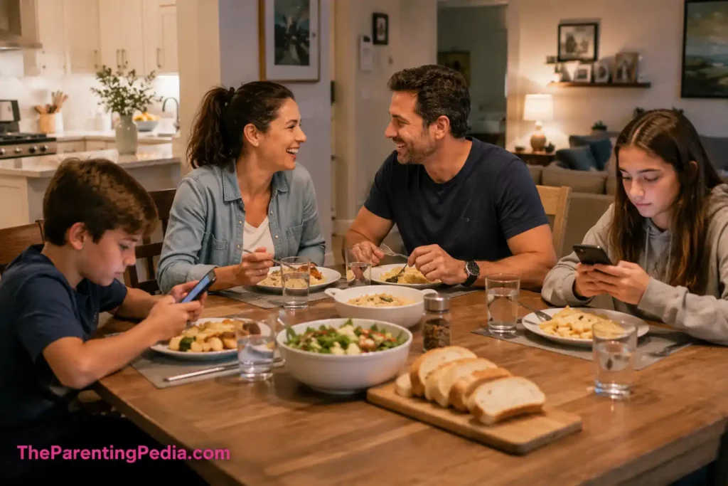 Children watching mobile phones during dinner while parents try to spend family time together.