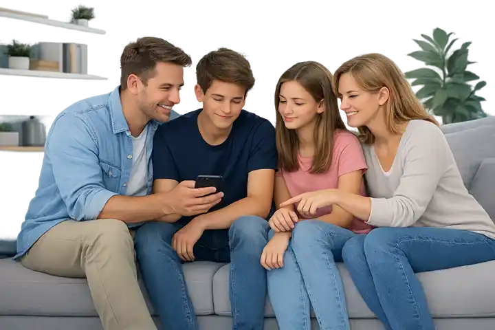 Family discussing healthy screen time rules with children