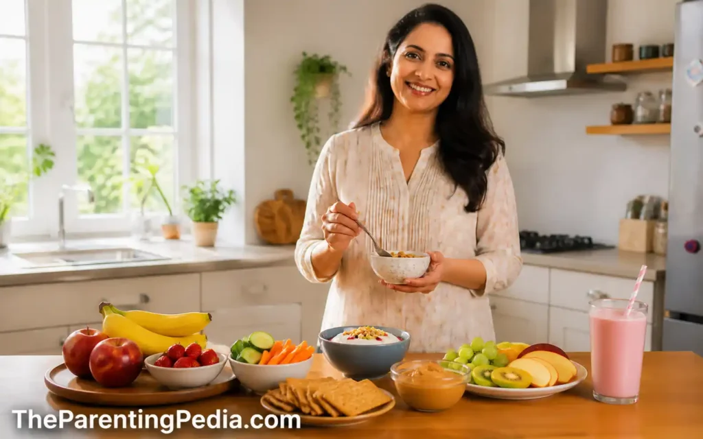 Mother preparing healthy snacks in kitchen with fruits yogurt and smoothie