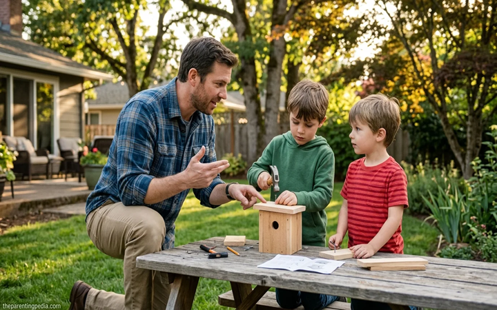 Father helping children build a wooden birdhouse outdoors.
