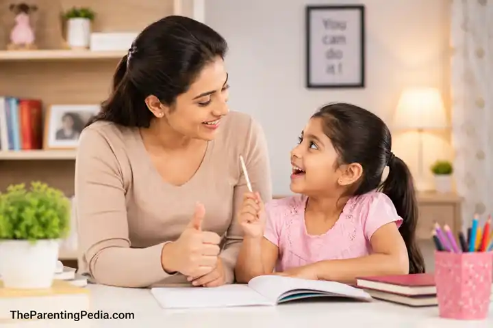 Mother encouraging young daughter during home study session