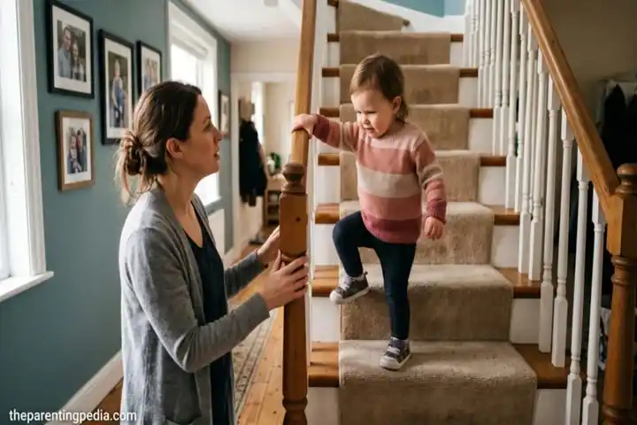 Mother supervising toddler climbing stairs safely to encourage confidence and independence