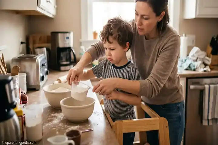 Mother helping child learn baking skills in the kitchen to build confidence and independence