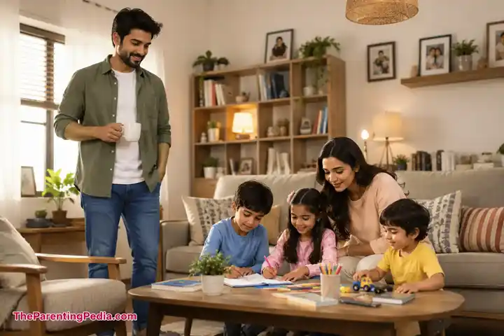 Happy parents spending quality family time at home with child who doesnt listen