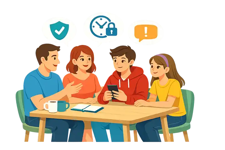 Parents teaching children safe gaming habits at home