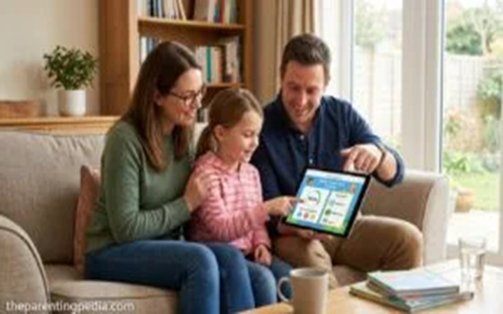 Parents teaching healthy screen time habits to their child Accessibility: Parents helping a child use a tablet