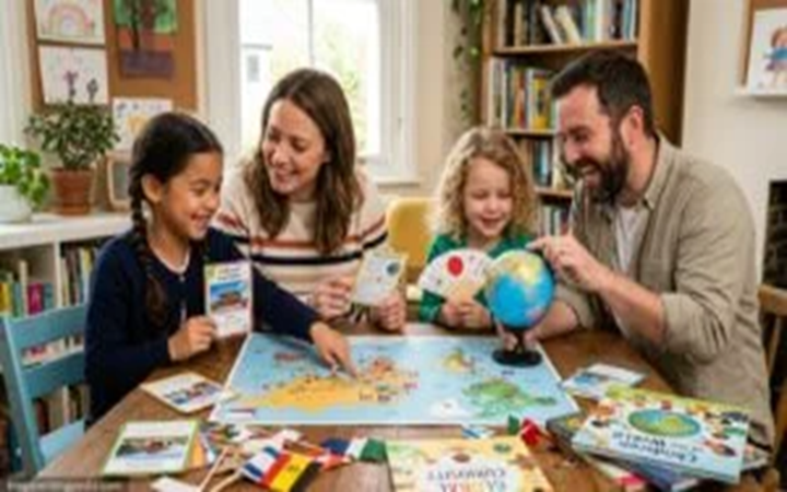 Parents teaching children geography using a world map and globe at home.
