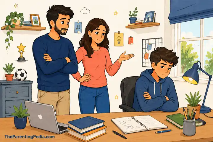 Teen boy avoiding conversation with parents during emotional family discussion