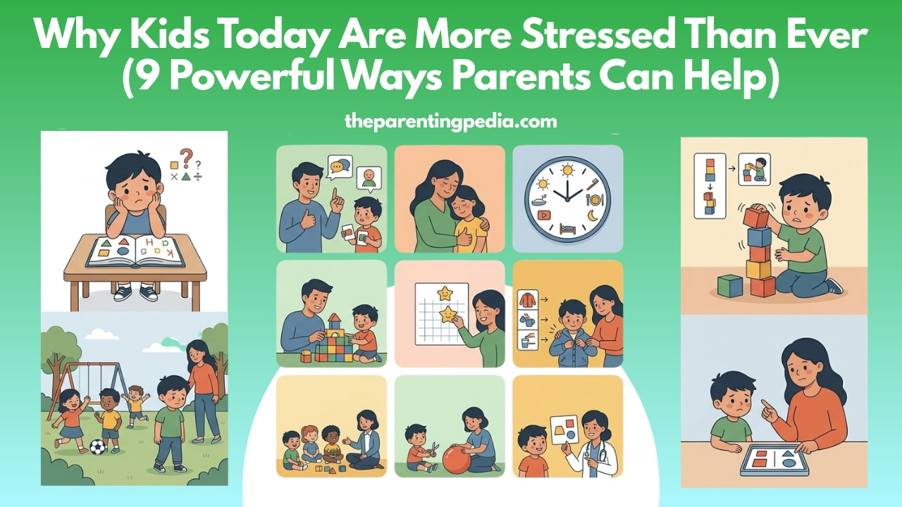 Illustration of stressed children with supportive parents