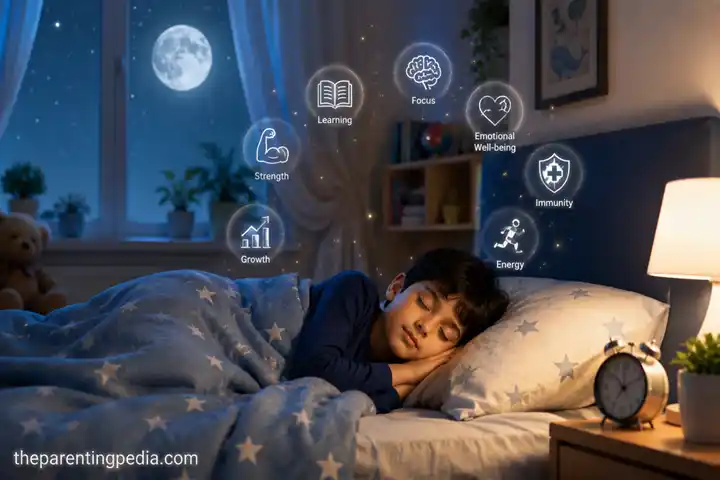 Child sleeping peacefully with symbols of healthy growth and learning