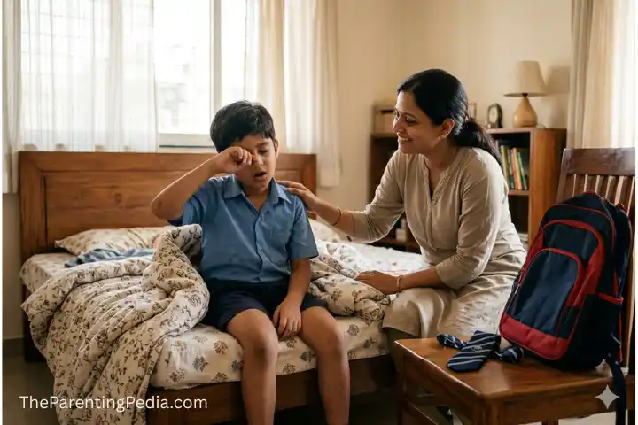 Sleepy child waking up in the morning with parent support