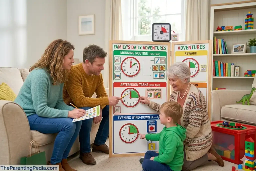 Family using a daily routine chart to teach time management for children