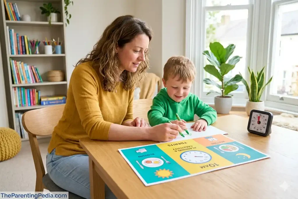 Mother helping a child follow a daily schedule for better time management