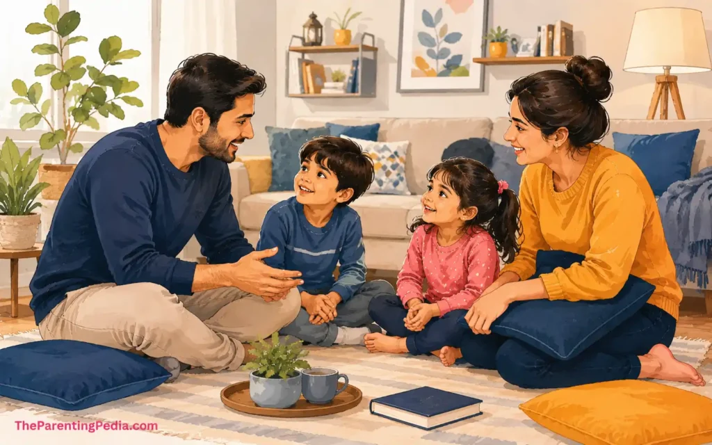 Parents and children communicating in a supportive home environment