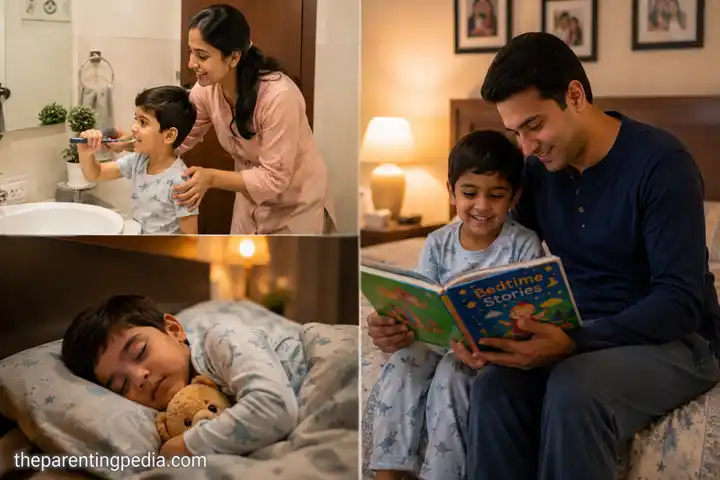 Parent helping child with a healthy bedtime routine before sleep